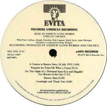 2LP Andrew Lloyd Webber: Evita: Premiere American Recording
