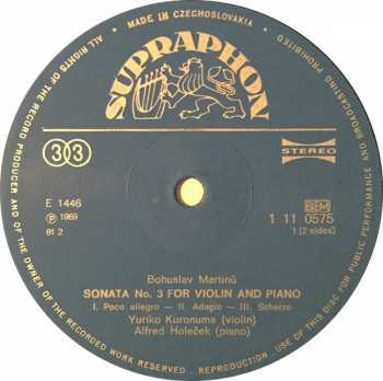 LP Bohuslav Martinů: Sonata No. 3 For Violin And Piano / Five Madrigals