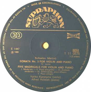 LP Bohuslav Martinů: Sonata No. 3 For Violin And Piano / Five Madrigals