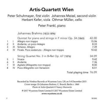 CD Johannes Brahms: Piano Quintet / String Quartet No. 3