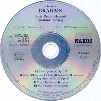 CD Johannes Brahms: Clarinet Quintet, Op. 115 / String Quartet No. 3, Op. 67