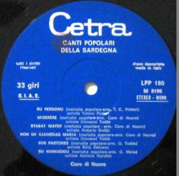 LP Coro Di Nuoro: Canti Popolari Della Sardegna