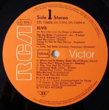 LP Elvis Presley: Recorded Live On Stage In Memphis