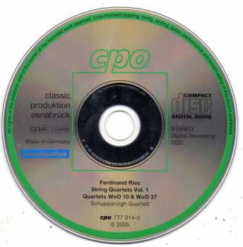 CD Ferdinand Ries: String Quartets Vol. 1