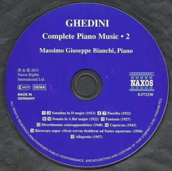 CD Giorgio Federico Ghedini: Complete Piano Music 2 - Sonata • Divertimento Contrappuntistico • Ricercare