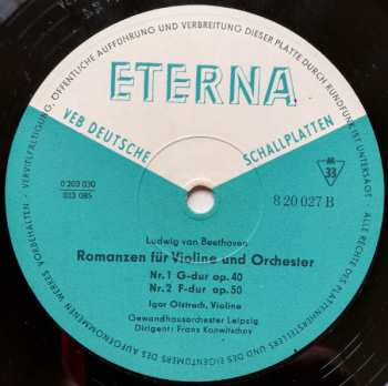 LP Johann Sebastian Bach: Konzert Für Violine Und Orchester E-Dur (BWV 1042) / Romanze G-dur Op. 40 / Romanze F-dur Op. 50