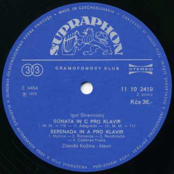 LP Igor Stravinsky: Koncert Pro Klavír A Dechové Nástroje / Sonata In C Pro Klavír / Serenada In A Pro Klavír