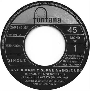 SP Serge Gainsbourg: Je T'aime... Moi Non Plus / Jane B.
