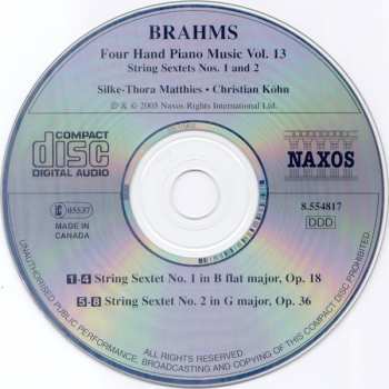 CD Johannes Brahms: Four Hand Piano Music Vol. 13 - String Sextets Nos. 1 and 2