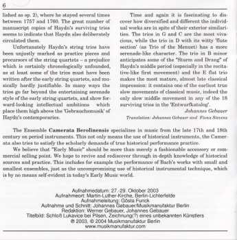 CD Joseph Haydn: Divertimenti Für Streichtrio Vol. 1 • Hob. V Nr. 3, 4, 16, 20, 21