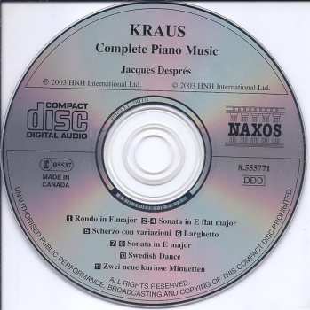 CD Joseph Martin Kraus: Complete Piano Music (Sonatas • Scherzo Con Variazioni • Swedish Dance)