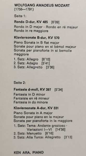 LP Wolfgang Amadeus Mozart: Rondo D-dur KV 485 / Klaviersonaten B-dur KV 570, A-dur KV 331 / Fantasie d-moll KV 397