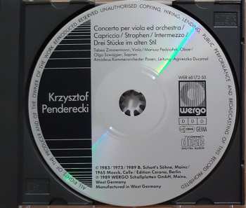CD Krzysztof Penderecki: Concerto Per Viola Ed Orchestra · Capriccio · Strophen · Intermezzo · Drei Stücke Im Alten Stil