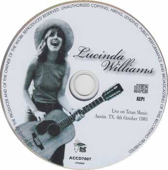 CD Lucinda Williams: Live On Texas Music, Austin, TX, 4th October 1981