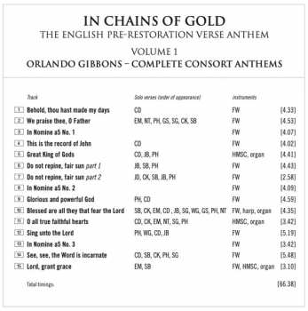 CD Fretwork: In Chains Of Gold: The English Pre-Restoration Verse Anthem Vol. 1; Orlando Gibbons - Complete Consort Anthems