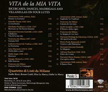 CD Quartetto Di Liuti Da Milano: Vita De La Mia Vita  (Ricercares, Dances, Madrigals And Villanellas On Four Lutes)