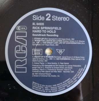LP Rick Springfield: Hard To Hold - Soundtrack Recording