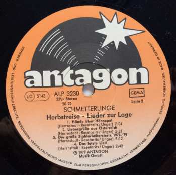 LP Schmetterlinge: Herbstreise - Lieder Zur Lage