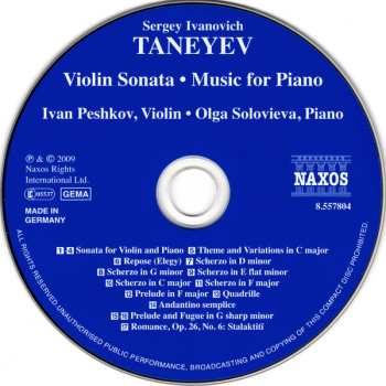 CD Sergey Ivanovich Taneyev: Violin Sonata • Music For Piano