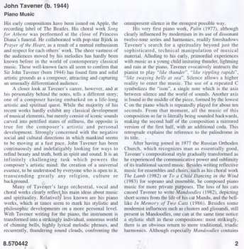 CD John Tavener: Piano Music