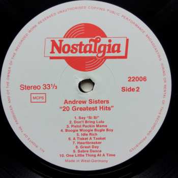 LP The Andrews Sisters: 20 Greatest Hits