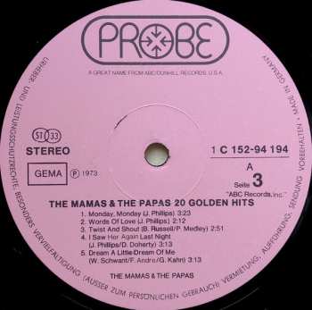 2LP The Mamas & The Papas: 20 Golden Hits