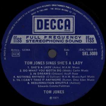 LP Tom Jones: Tom Jones Sings She's A Lady