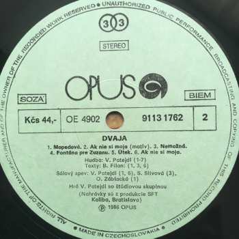 LP Vašo Patejdl: Dvaja (Hudba A Piesne Z Filmu Fontána Pre Zuzanu)