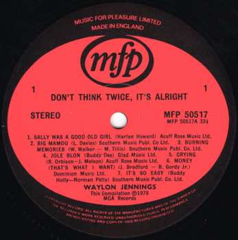 LP Waylon Jennings: Don't Think Twice It's Alright: The Early Years